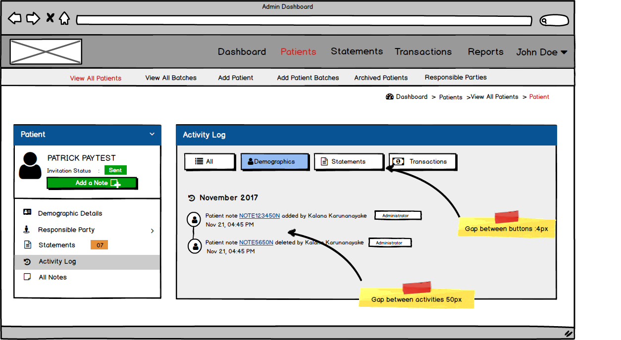 Patient profile activity log